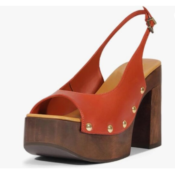 YDN Red Rivet Studded Platform Chunky High Heeled Sandals Slingback Buckle Shoes - Picture 1 of 8